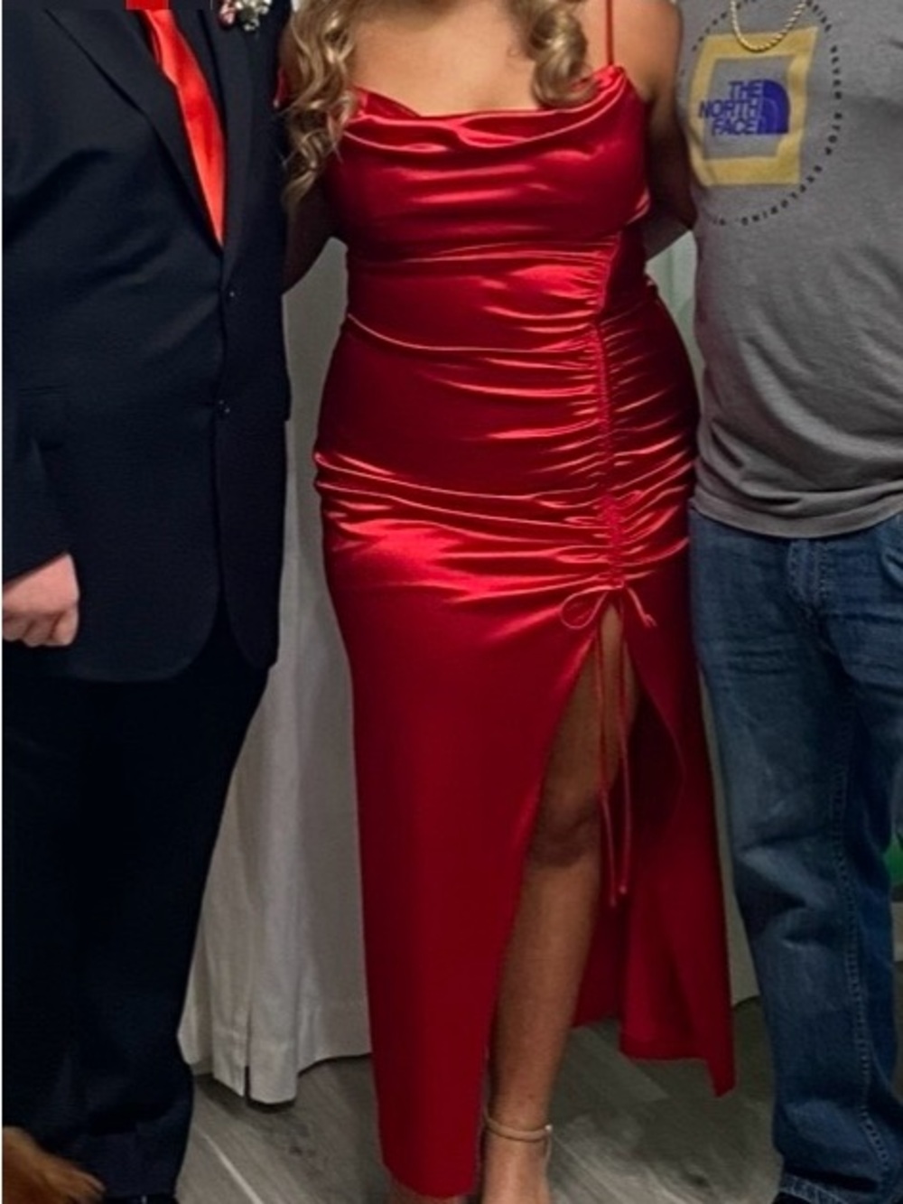 Red Satin Ruched Maxi Dress with Thigh Slit